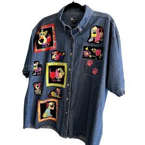 Blue Generation Women's 2XL Puppy Paws Embellished Short Sleeve Denim Shirt Y2K